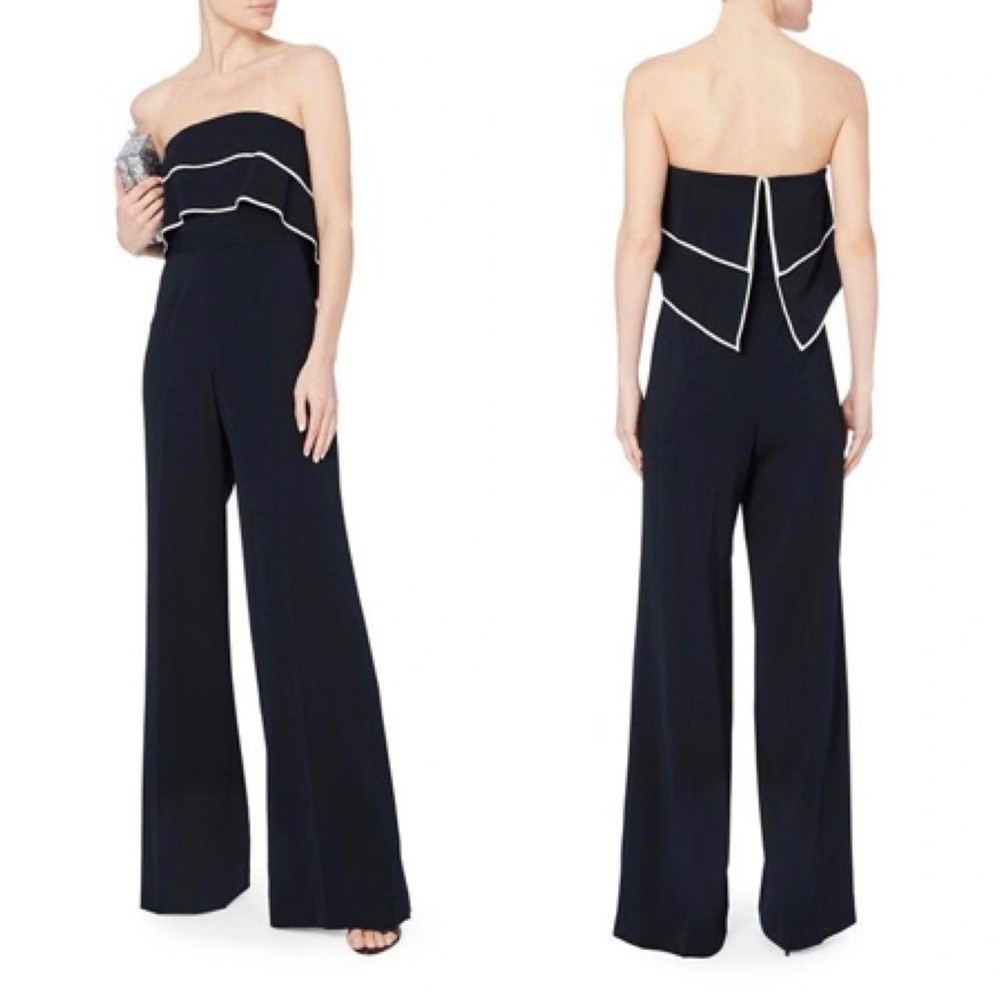 Jay Godfrey Navy Tiered Ruffle Overlay Johnston Strapless Jumpsuit